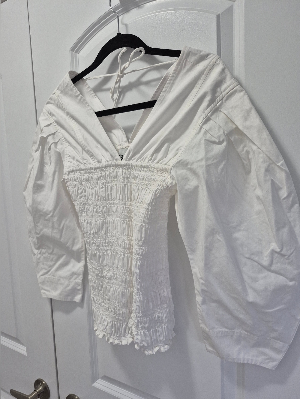 GANNI Cotton Poplin Smocked Top, US 0, White - Picture 7 of 10